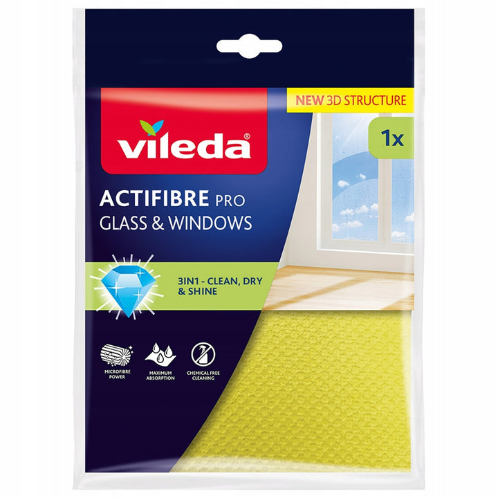 Utěrka Vileda Actifibre Pro na sklo a okna, lze prát v pračce, povrchová úprava PVA, bez šmouh a skvrn, čistí pouze vodou, 183298