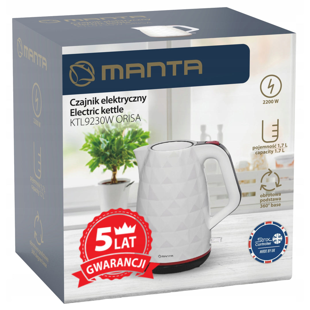 Bezdrátová elektrická konvice Manta ORISA 1,7 l, 2200 W, bílá