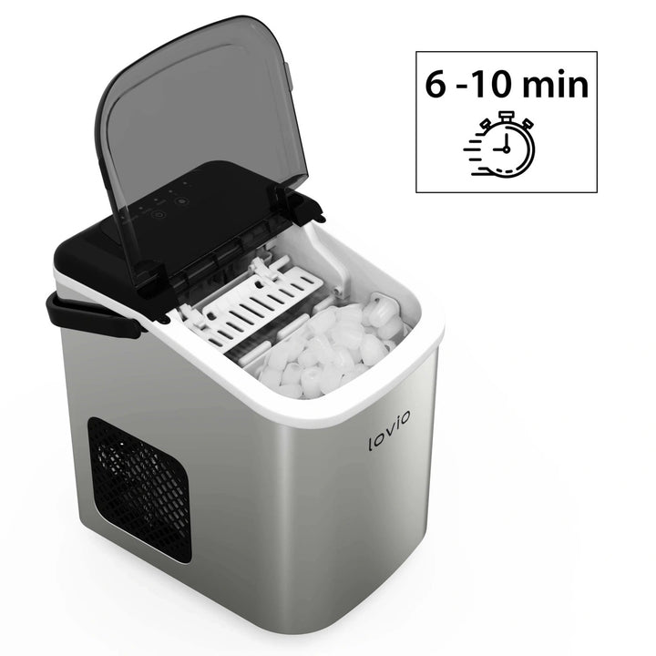 Domácí výrobník ledu Lovio Crystal Ice, nerezový, stříbrný, rychlá výroba ledu