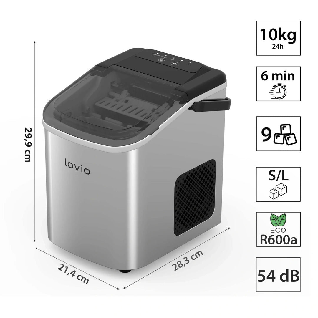 Domácí výrobník ledu Lovio Crystal Ice, nerezový, stříbrný, rychlá výroba ledu
