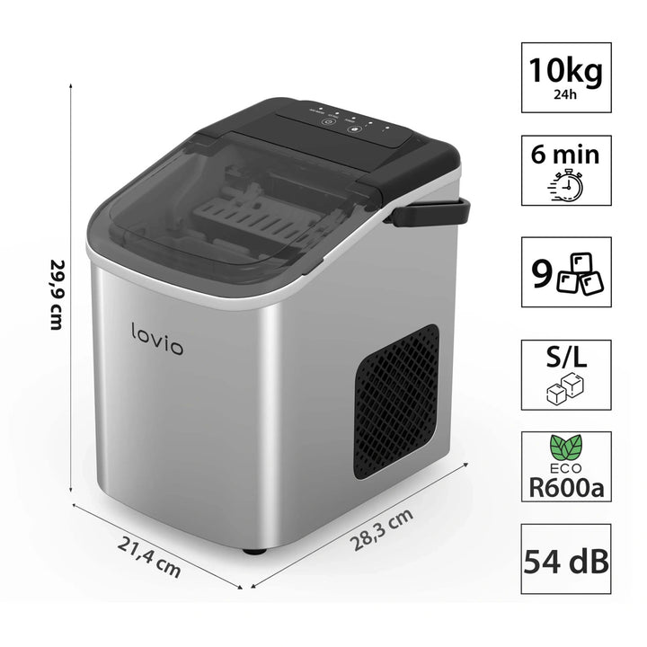 Domácí výrobník ledu Lovio Crystal Ice, nerezový, stříbrný, rychlá výroba ledu
