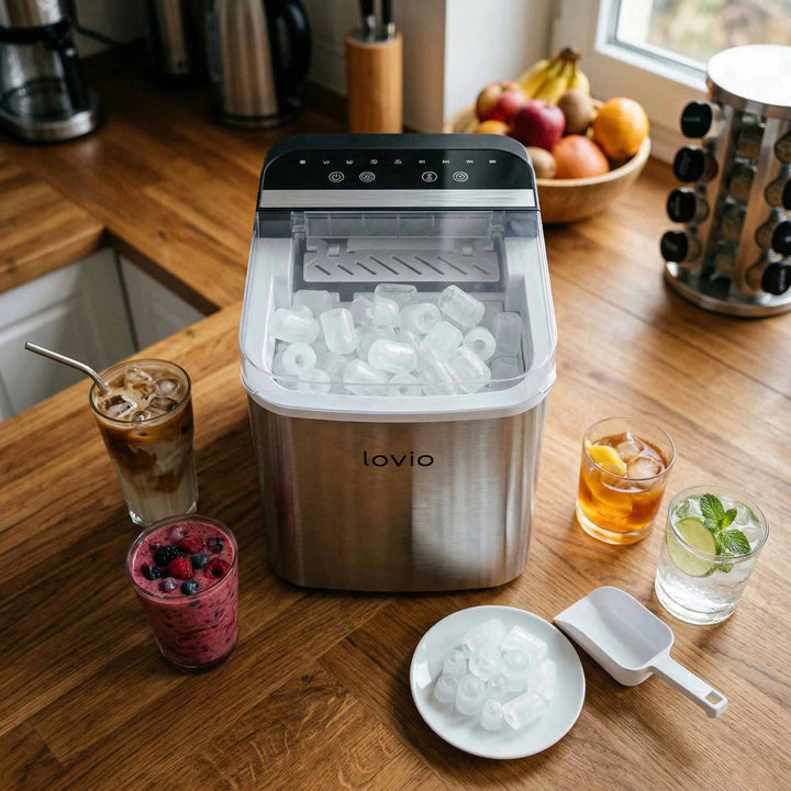 Domácí výrobník kostek ledu Lovio Crystal Ice Plus, nerezový, stříbrný, rychlá výroba ledu