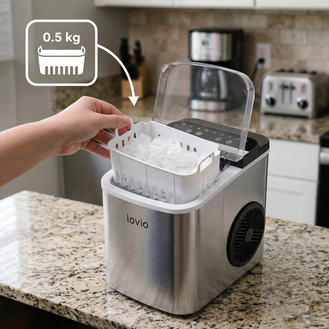 Domácí výrobník kostek ledu Lovio Crystal Ice Plus, nerezový, stříbrný, rychlá výroba ledu