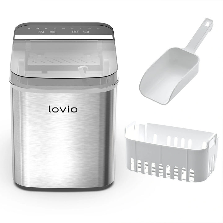Domácí výrobník kostek ledu Lovio Crystal Ice Plus, nerezový, stříbrný, rychlá výroba ledu