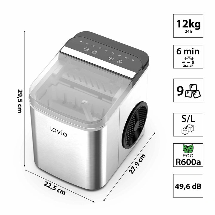 Domácí výrobník kostek ledu Lovio Crystal Ice Plus, nerezový, stříbrný, rychlá výroba ledu