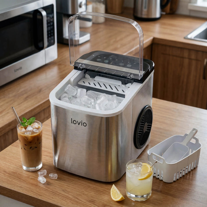 Domácí výrobník kostek ledu Lovio Crystal Ice Plus, nerezový, stříbrný, rychlá výroba ledu