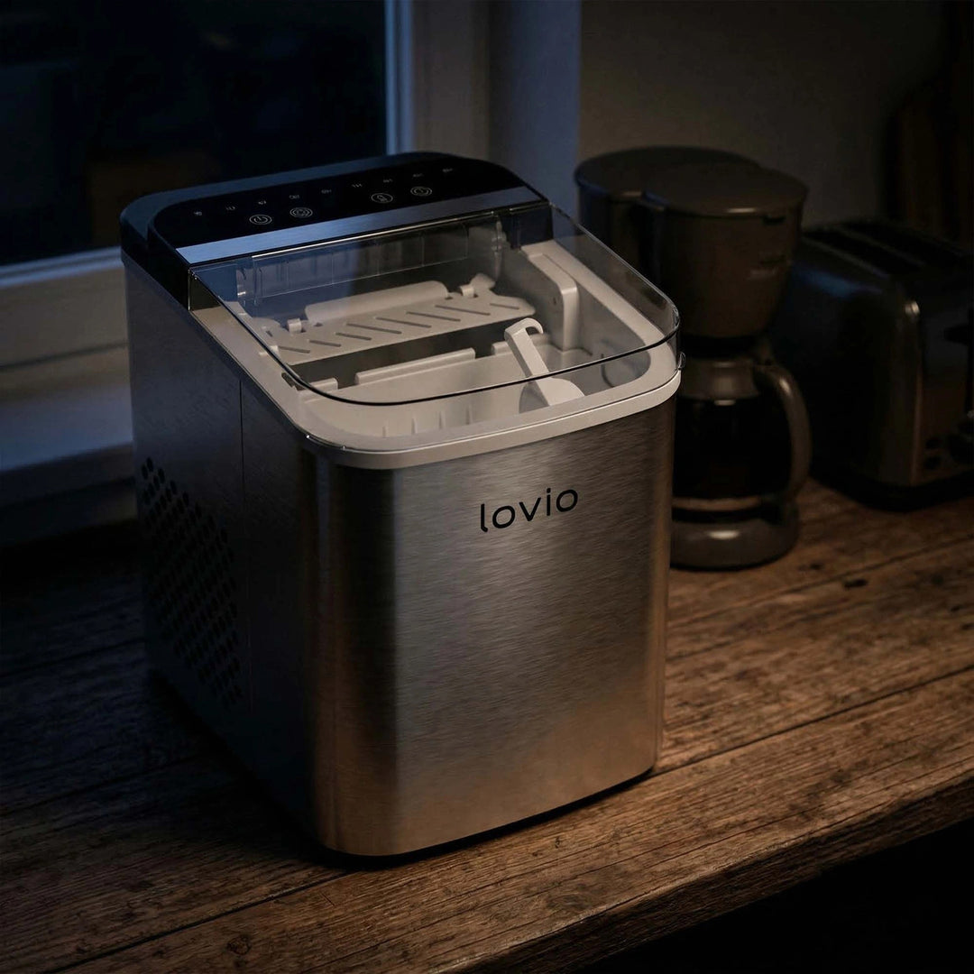 Domácí výrobník kostek ledu Lovio Crystal Ice Plus, nerezový, stříbrný, rychlá výroba ledu