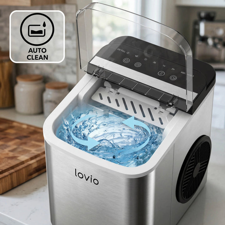 Domácí výrobník kostek ledu Lovio Crystal Ice Plus, nerezový, stříbrný, rychlá výroba ledu