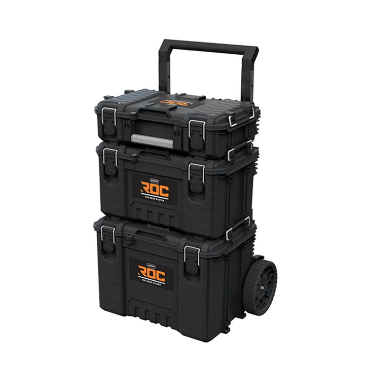 Sada 3 nářadíových beden Keter ROC Pro Gear 2.0, celkový objem 110 l, stupeň ochrany IP65, odnímatelná teleskopická rukojeť, možnost uzamčení visacím zámkem, 256982