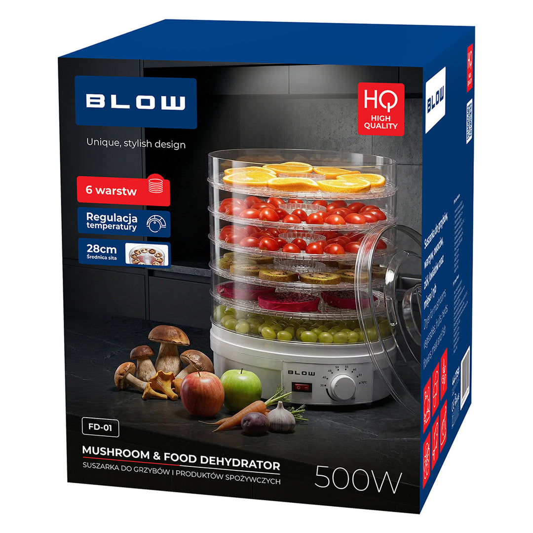 Sušička na houby, zeleninu a ovoce Blow, výkon 500 W, 6 sítí v balení, nastavení teploty 35–75 °C, 44–175