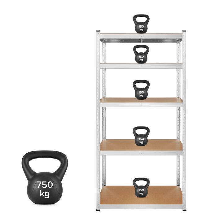 Kovový skladový regál, 5 polic, maximální nosnost až 750 kg, 180 × 90 × 40, stříbrný, Rebel