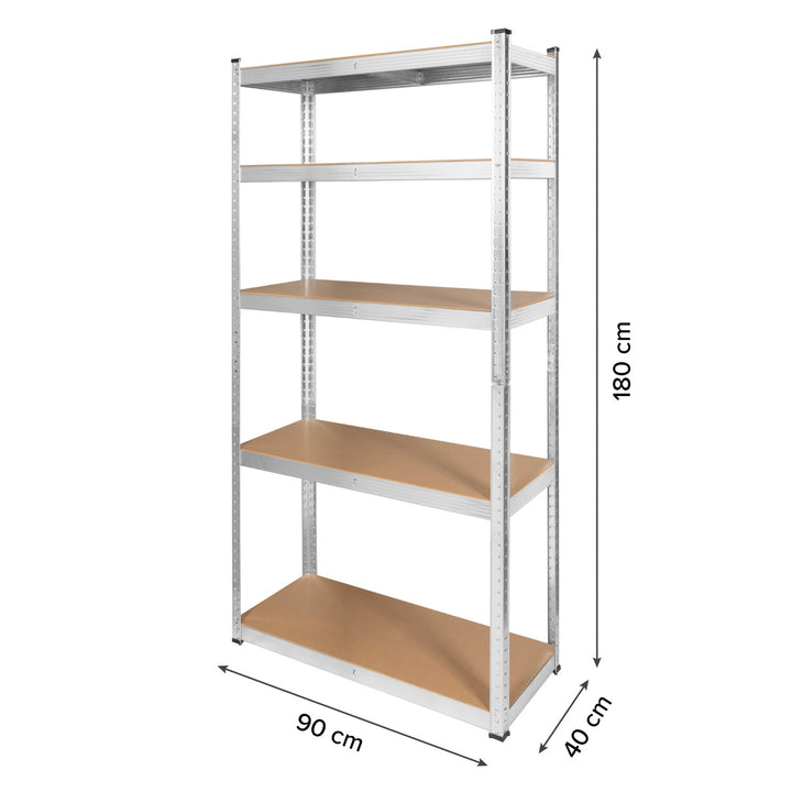 Kovový skladový regál, 5 polic, maximální nosnost až 750 kg, 180 × 90 × 40, stříbrný, značka Rebel, 2 ks