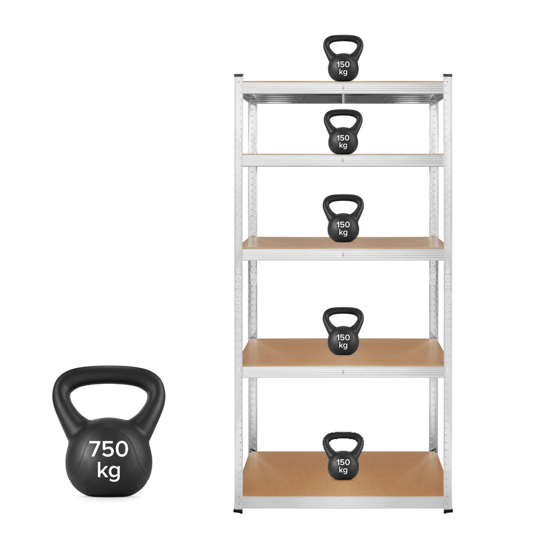 Kovový skladový regál, 5 polic, maximální nosnost až 750 kg, 180 × 90 × 40, stříbrný, značka Rebel, 2 ks