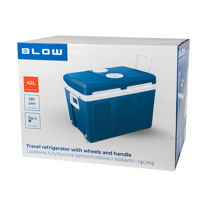 Automatická cestovní chladnička Blow, s kolečky, objem 42 l, režim ohřevu, napětí DC 12 V a AC 100–240 V, 44–210