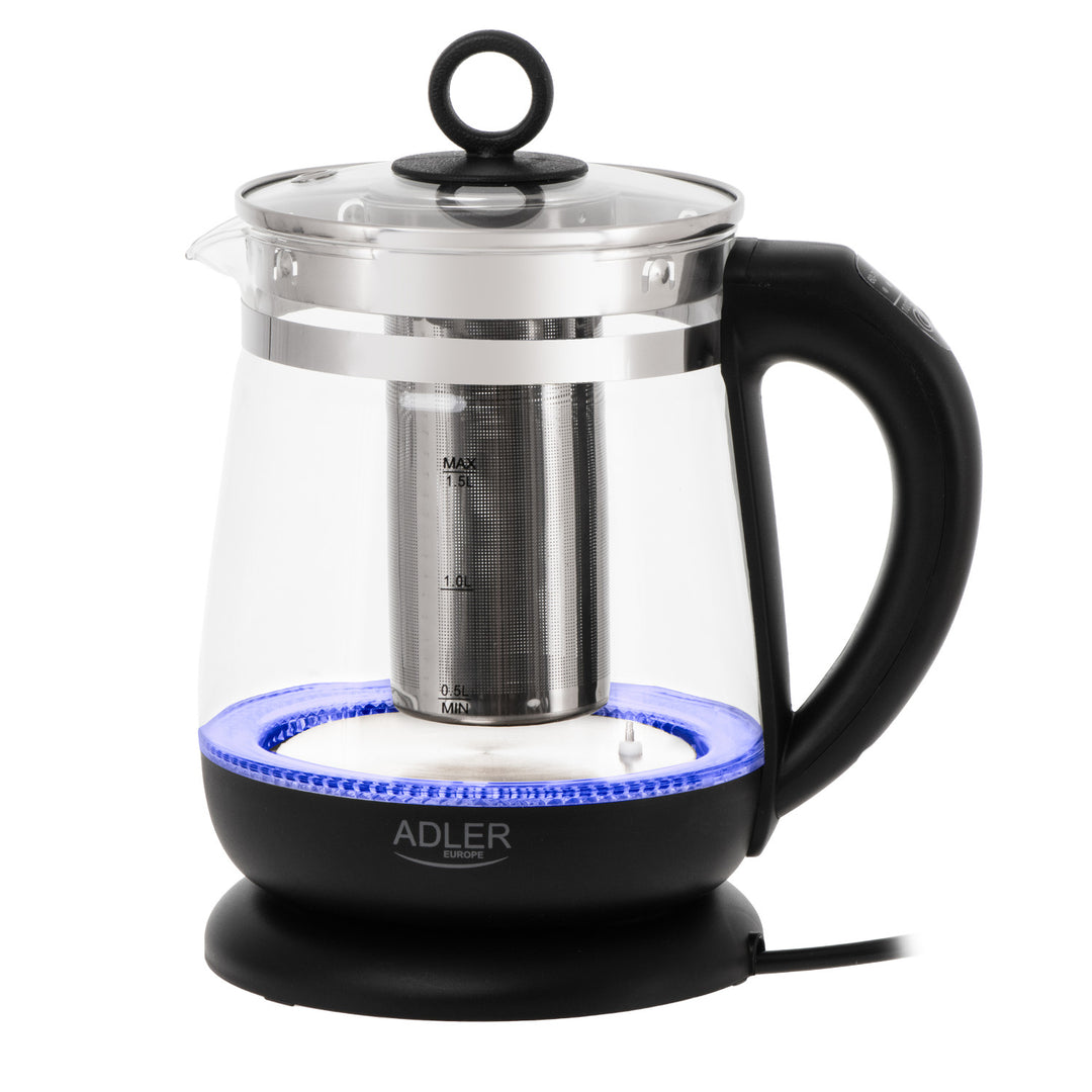 Skleněná rychlovarná konvice 1,5 l s infuzérem a regulací teploty 2200 W, LED 60–100 °C, Adler AD 1299, černá