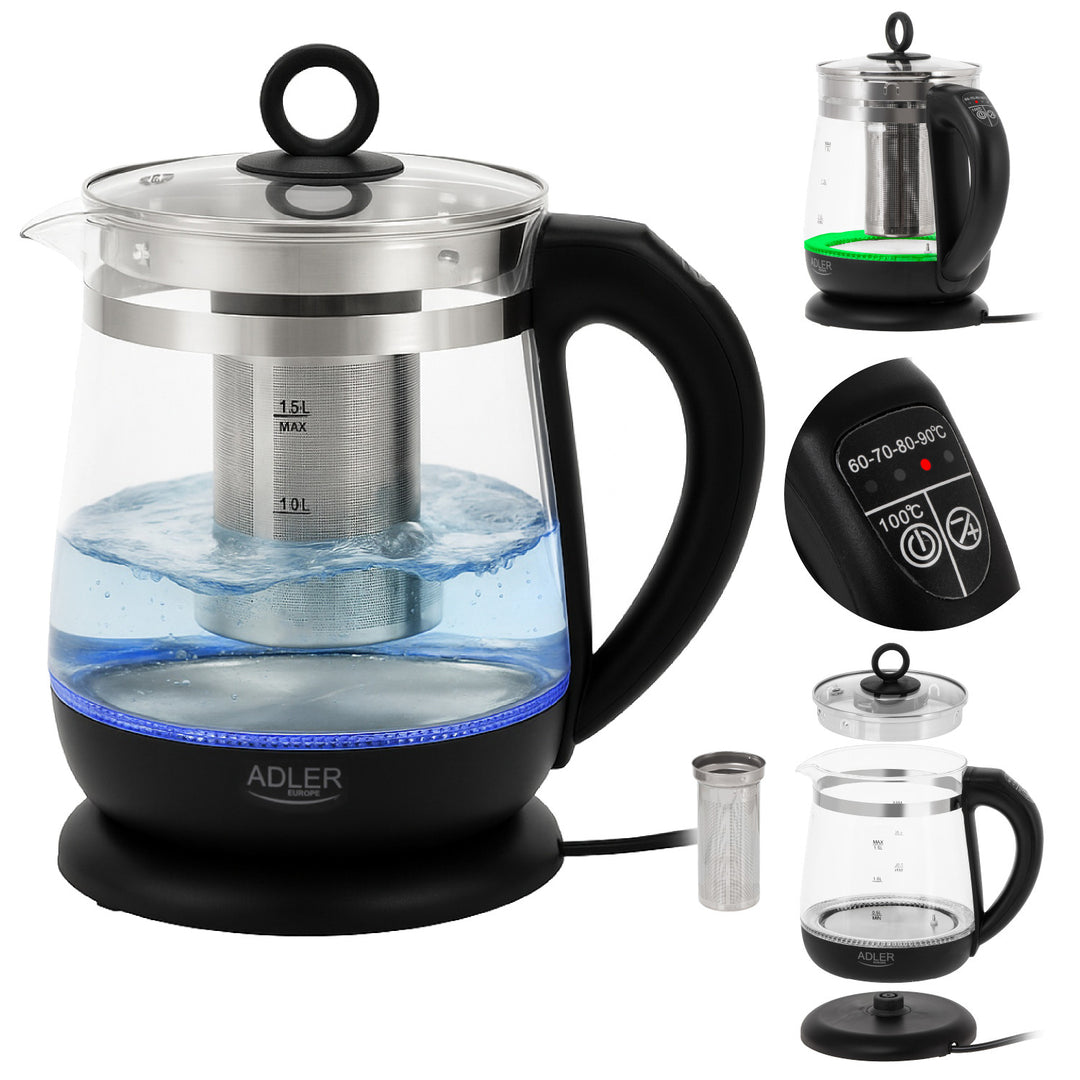 Skleněná rychlovarná konvice 1,5 l s infuzérem a regulací teploty 2200 W, LED 60–100 °C, Adler AD 1299, černá