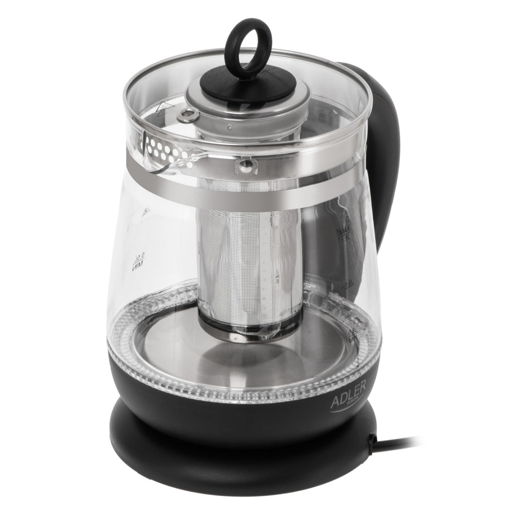 Skleněná rychlovarná konvice 1,5 l s infuzérem a regulací teploty 2200 W, LED 60–100 °C, Adler AD 1299, černá