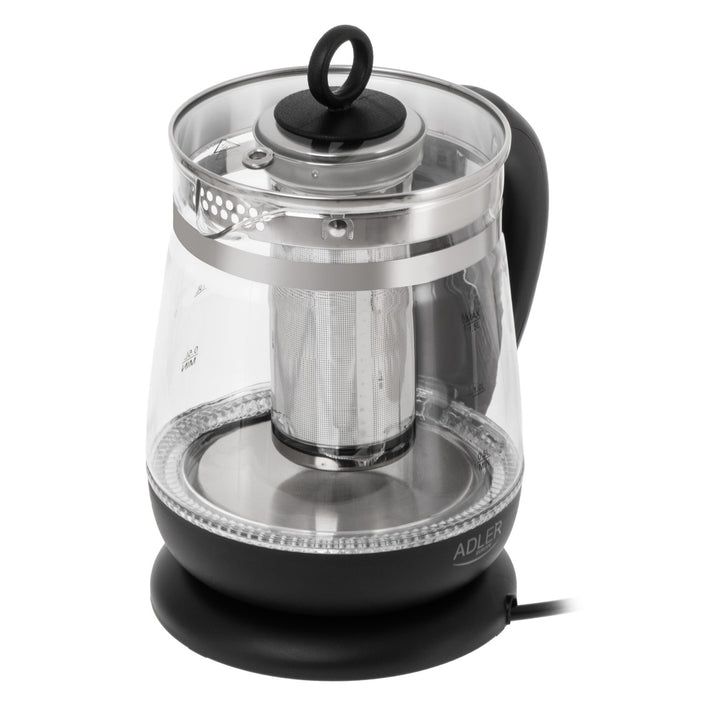 Skleněná rychlovarná konvice 1,5 l s infuzérem a regulací teploty 2200 W, LED 60–100 °C, Adler AD 1299, černá