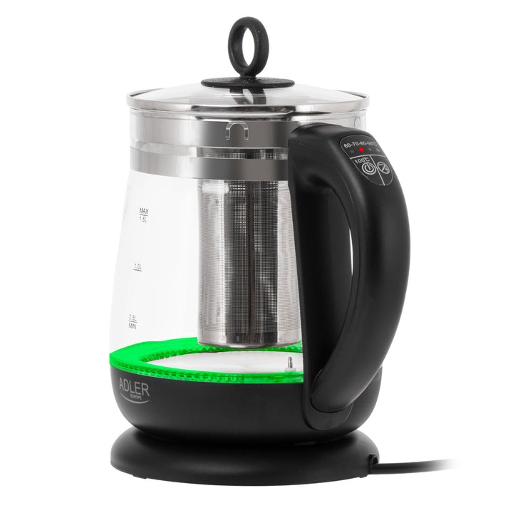 Skleněná rychlovarná konvice 1,5 l s infuzérem a regulací teploty 2200 W, LED 60–100 °C, Adler AD 1299, černá