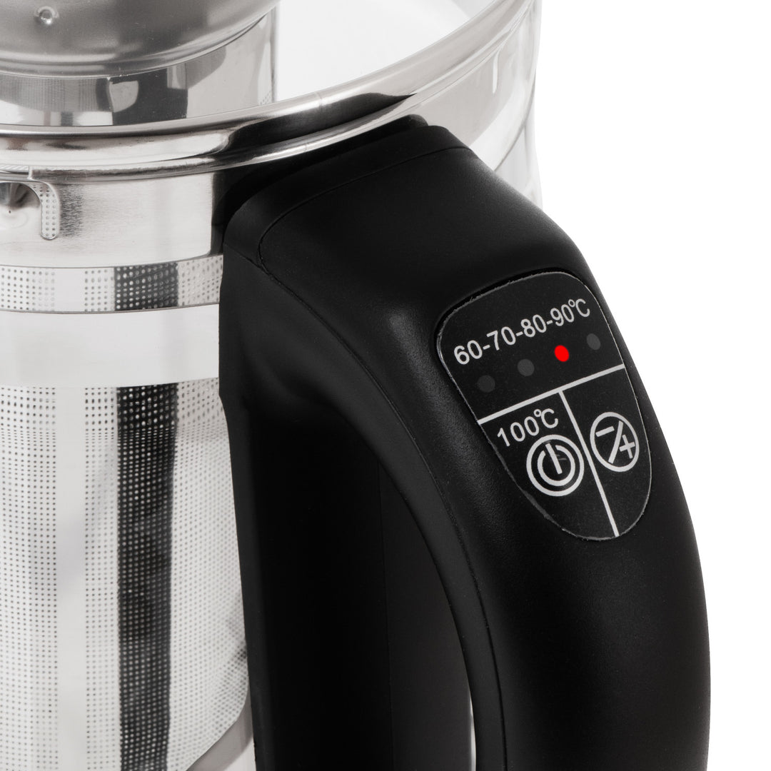 Skleněná rychlovarná konvice 1,5 l s infuzérem a regulací teploty 2200 W, LED 60–100 °C, Adler AD 1299, černá