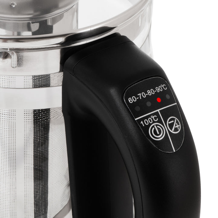 Skleněná rychlovarná konvice 1,5 l s infuzérem a regulací teploty 2200 W, LED 60–100 °C, Adler AD 1299, černá