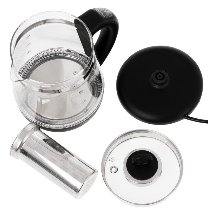 Skleněná rychlovarná konvice 1,5 l s infuzérem a regulací teploty 2200 W, LED 60–100 °C, Adler AD 1299, černá