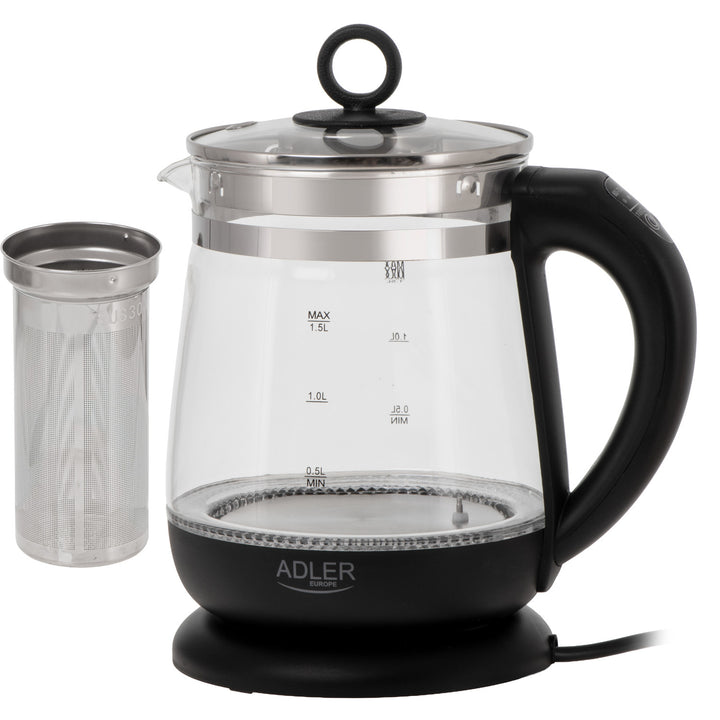 Skleněná rychlovarná konvice 1,5 l s infuzérem a regulací teploty 2200 W, LED 60–100 °C, Adler AD 1299, černá