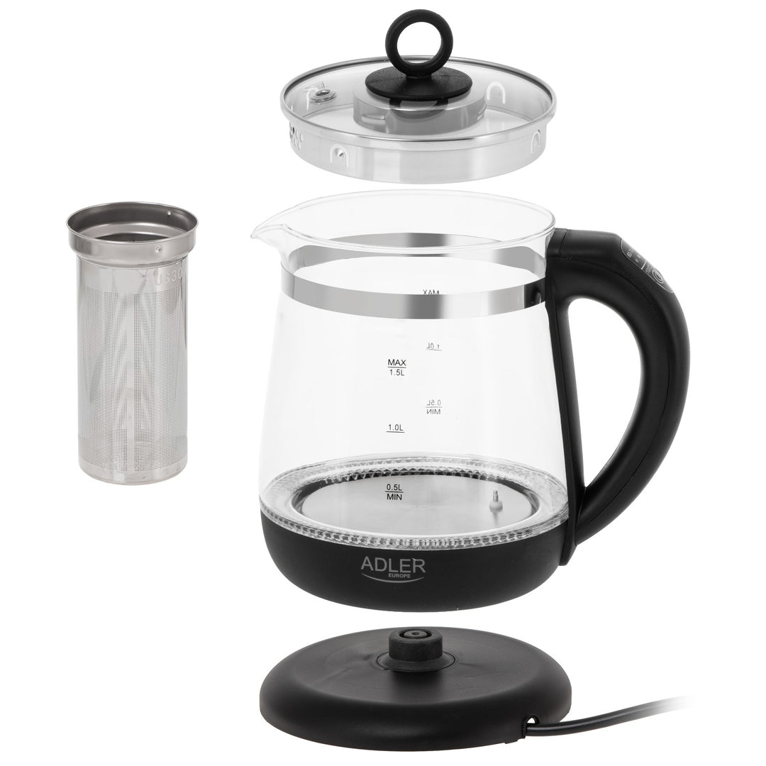 Skleněná rychlovarná konvice 1,5 l s infuzérem a regulací teploty 2200 W, LED 60–100 °C, Adler AD 1299, černá