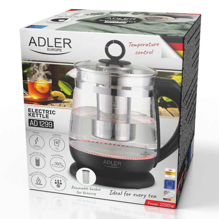 Skleněná rychlovarná konvice 1,5 l s infuzérem a regulací teploty 2200 W, LED 60–100 °C, Adler AD 1299, černá