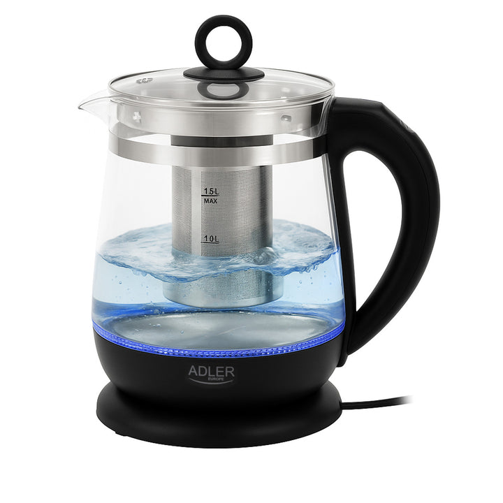 Skleněná rychlovarná konvice 1,5 l s infuzérem a regulací teploty 2200 W, LED 60–100 °C, Adler AD 1299, černá