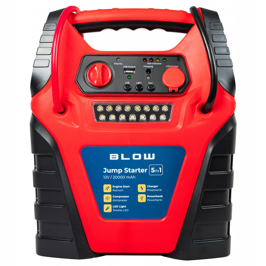 Startovací zařízení 5 v 1 Blow, funkce kompresoru, nabíječky a powerbanky, akumulátor 12 V 20 000 mAh, proud – startovací 400 A, špičkový 900 A, vybaveno přetížovací pojistkou, 81-210#