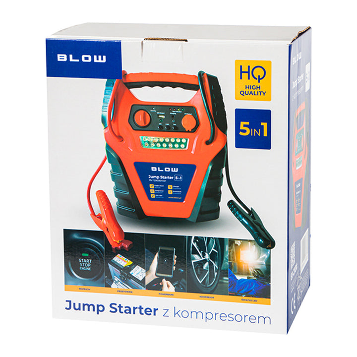 Startovací zařízení 5 v 1 Blow, funkce kompresoru, nabíječky a powerbanky, akumulátor 12 V 20 000 mAh, proud – startovací 400 A, špičkový 900 A, vybaveno přetížovací pojistkou, 81-210#