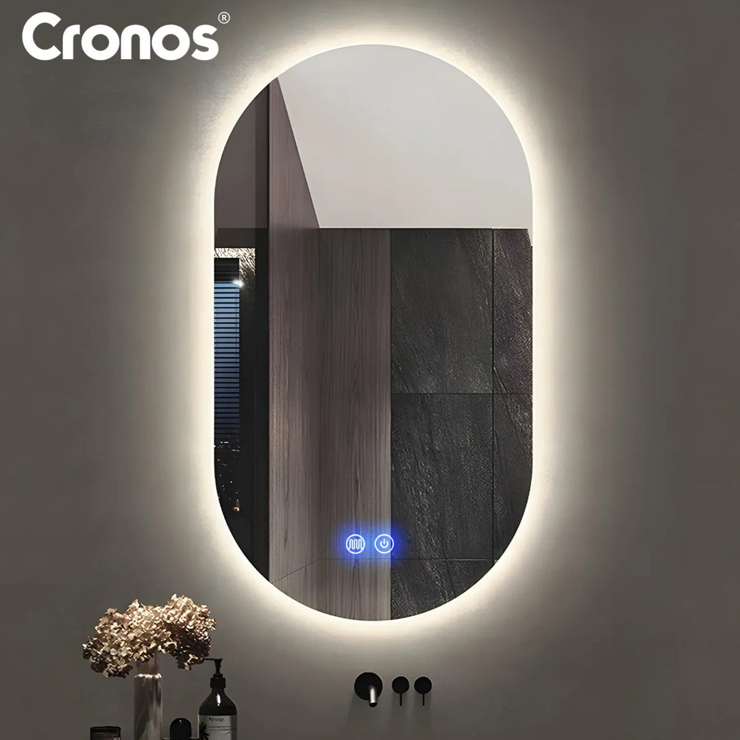 Vyhřívané zrcadlo Cronos, oválné, 50 × 80 cm, LED ve třech barvách, stupeň ochrany IP44, systém proti zamlžování
