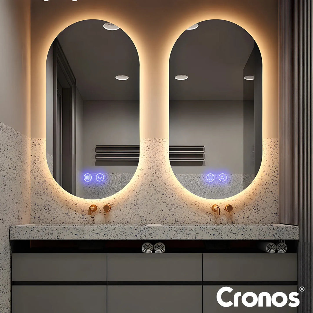 Vyhřívané zrcadlo Cronos, oválné, 50 × 80 cm, LED ve třech barvách, stupeň ochrany IP44, systém proti zamlžování