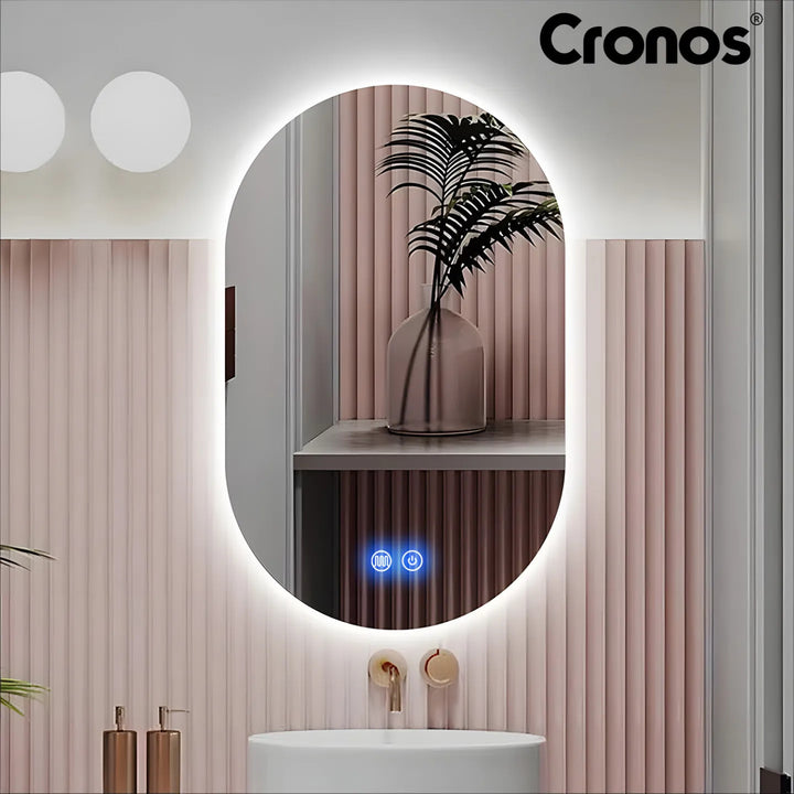 Vyhřívané zrcadlo Cronos, oválné, 50 × 80 cm, LED ve třech barvách, stupeň ochrany IP44, systém proti zamlžování