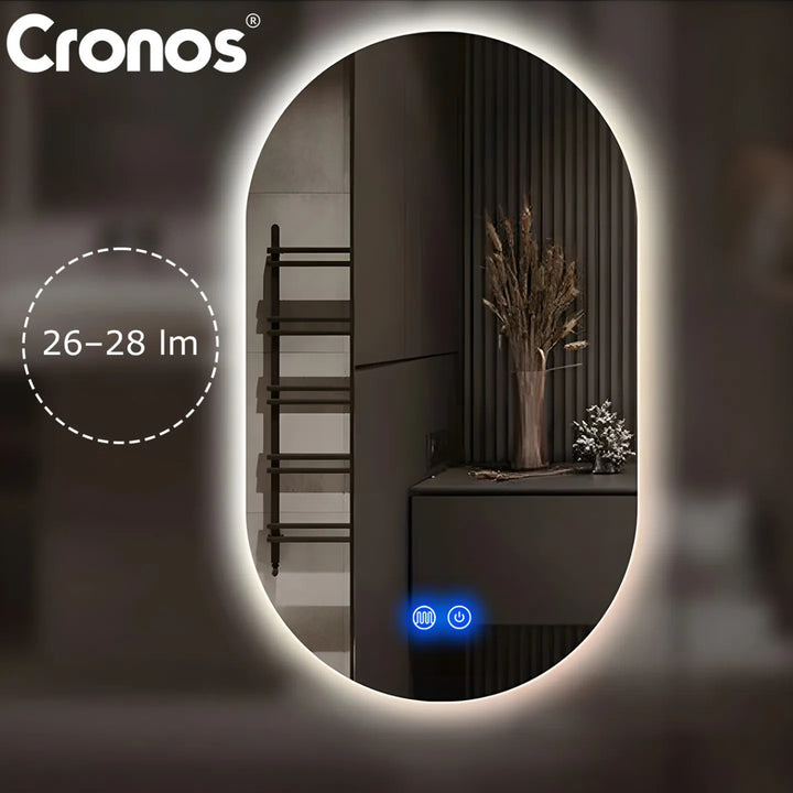 Vyhřívané zrcadlo Cronos, oválné, 50 × 80 cm, LED ve třech barvách, stupeň ochrany IP44, systém proti zamlžování