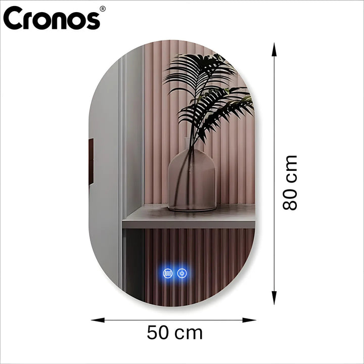 Vyhřívané zrcadlo Cronos, oválné, 50 × 80 cm, LED ve třech barvách, stupeň ochrany IP44, systém proti zamlžování