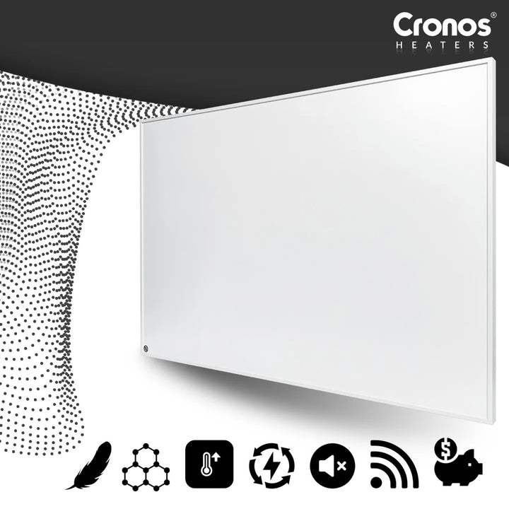 Infračervený topný panel Cronos Graphene, výkon 300 W, bílá barva, vytopí místnost o rozloze až 8 m², dálkové ovládání, PRO CGP-300TWP