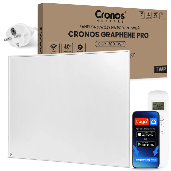 Infračervený topný panel Cronos Graphene, výkon 300 W, bílá barva, vytopí místnost o rozloze až 8 m², dálkové ovládání, PRO CGP-300TWP