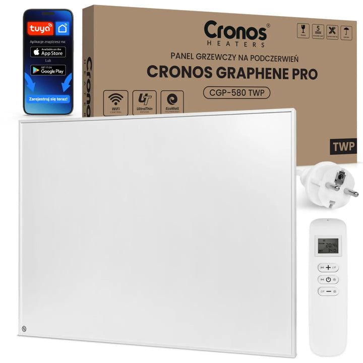 Infračervený topný panel Cronos Graphene, výkon 580 W, bílá barva, vytopí místnost do 16 m², dálkové ovládání, PRO CGP-580TWP
