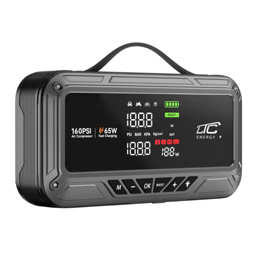 Startovací zdroj LTC, 12 000 mAh, s kompresorem, svítilnou a powerbankou, LCD displej, výkon 65 W, kabely a pouzdro v balení, LXJS120