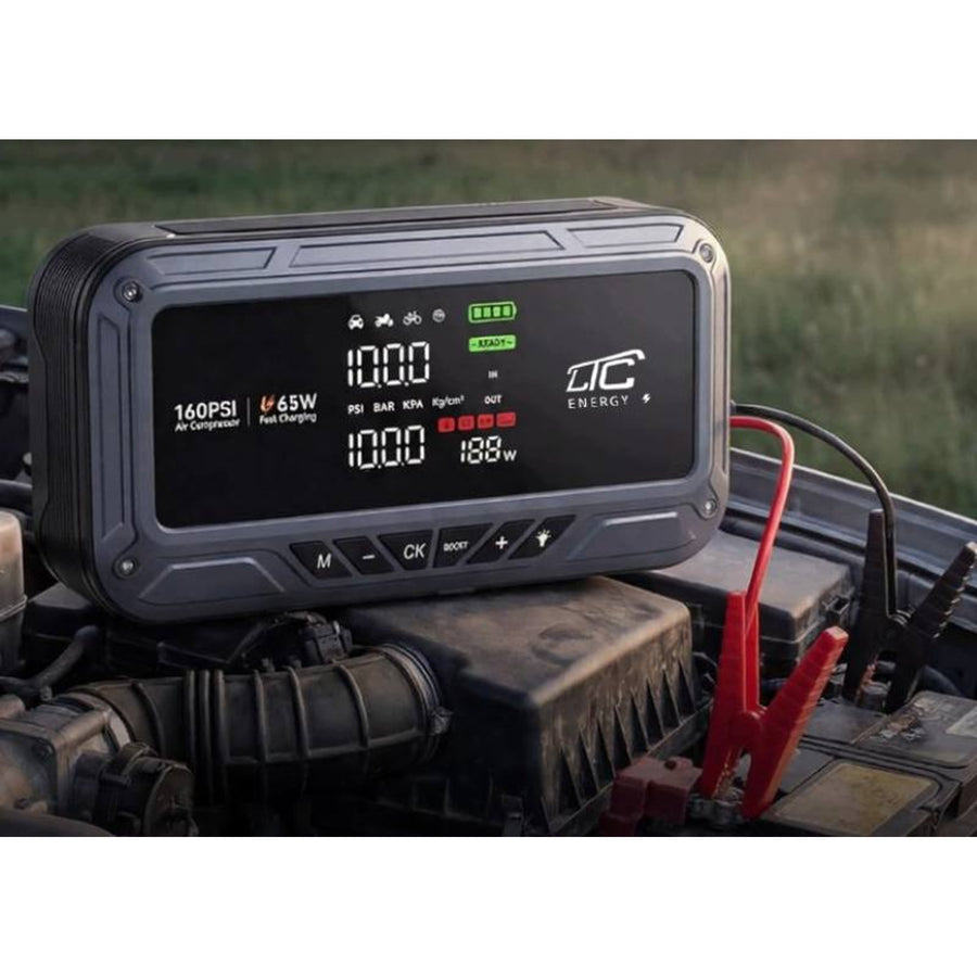 Startovací zdroj LTC, 12 000 mAh, s kompresorem, svítilnou a powerbankou, LCD displej, výkon 65 W, kabely a pouzdro v balení, LXJS120