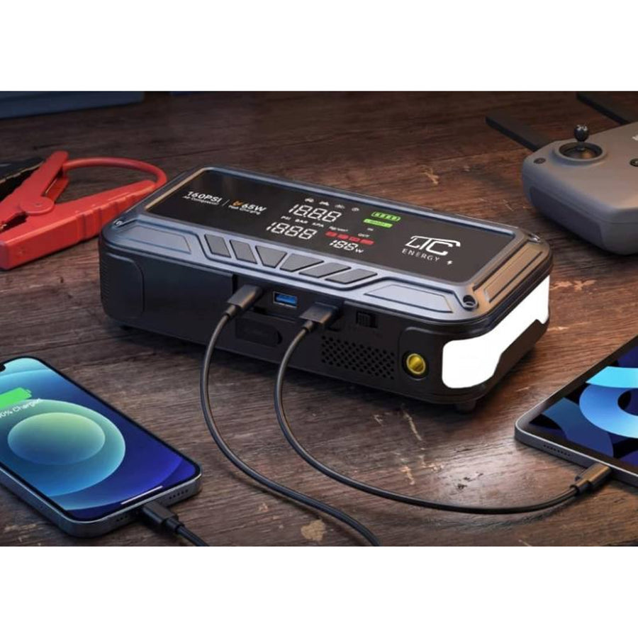Startovací zdroj LTC, 12 000 mAh, s kompresorem, svítilnou a powerbankou, LCD displej, výkon 65 W, kabely a pouzdro v balení, LXJS120
