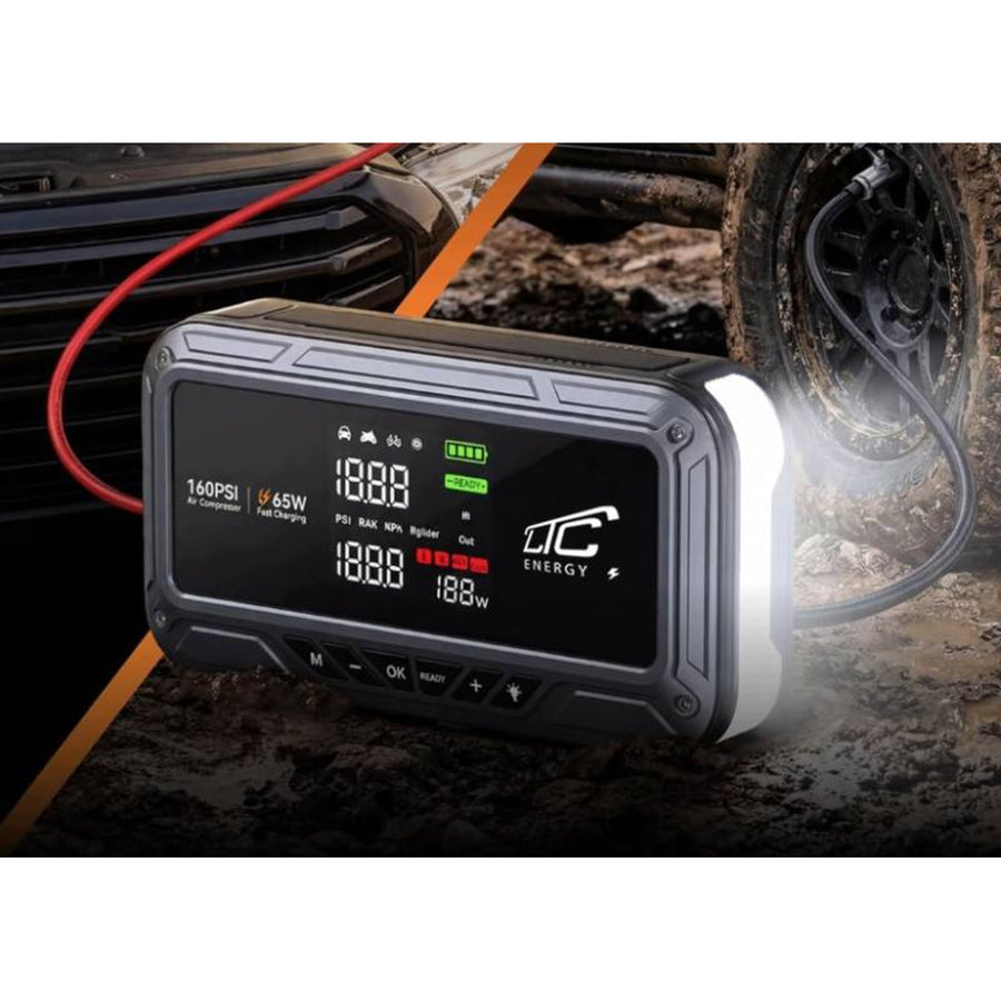 Startovací zdroj LTC, 12 000 mAh, s kompresorem, svítilnou a powerbankou, LCD displej, výkon 65 W, kabely a pouzdro v balení, LXJS120