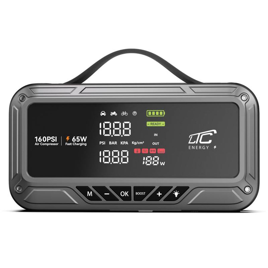 Startovací zdroj LTC, 12 000 mAh, s kompresorem, svítilnou a powerbankou, LCD displej, výkon 65 W, kabely a pouzdro v balení, LXJS120