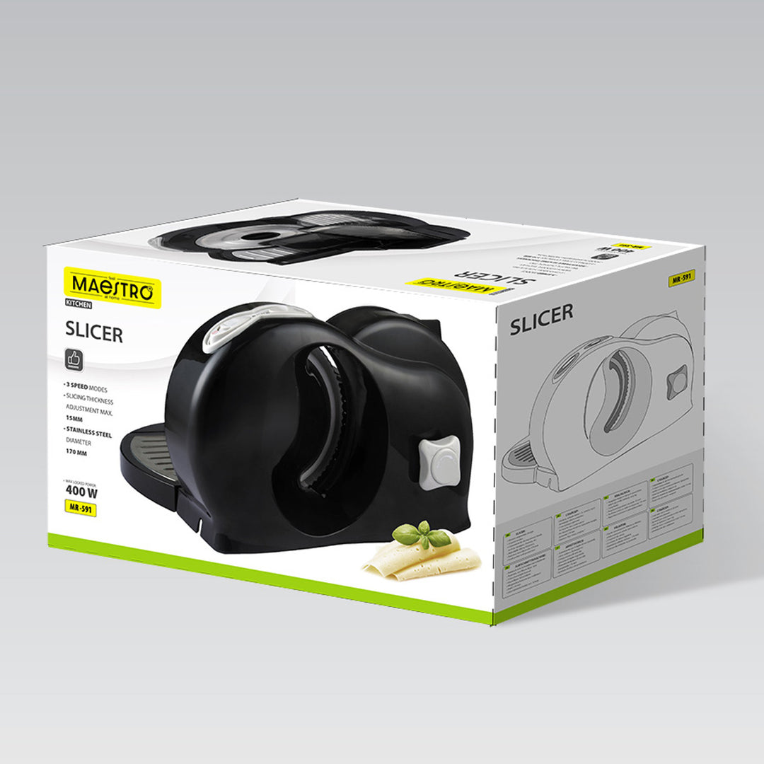 Kráječ Maestro, výkon 400 W, rozsah od 0 do 15 mm, nerezová čepel, tři rychlosti krájení, v balení je přítlačná deska a podnos, MR-591