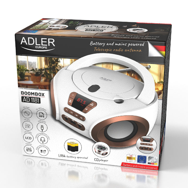 Rádio Boombox CD-MP3, USB, FM rádio, AUX, výstup pro sluchátka, Adler, AD 1181