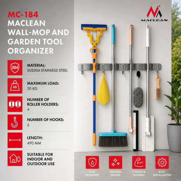 Nástěnný organizér na zahradní nářadí a mopy Maclean, ocelový, s háčky, max. nosnost 20 kg, šířka 49 cm, MC-184, 2 kusy
