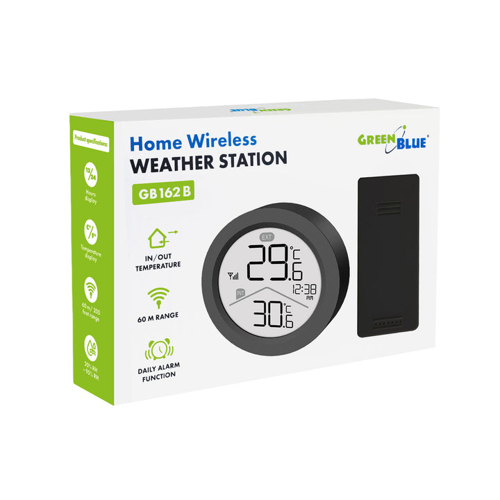 Bezdrátová meteorologická stanice GreenBlue, teplota uvnitř/venku, hodiny, volba °C / °F, dosah až 60 m, černá, GB162 B + 4 ks alkalické baterie AAA Varta Industrial
