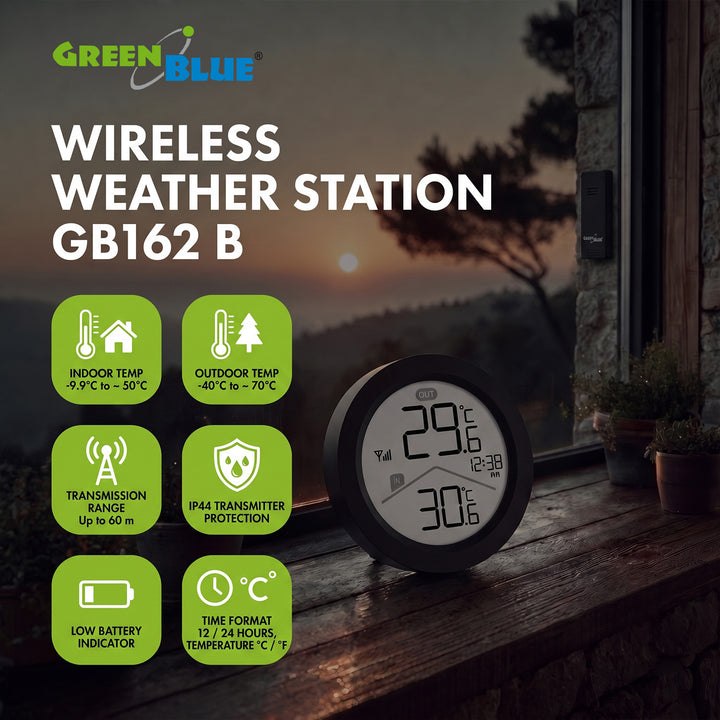 Bezdrátová meteorologická stanice GreenBlue, teplota uvnitř/venku, hodiny, volba °C / °F, dosah až 60 m, černá, GB162 B + 4 ks alkalické baterie AAA Varta Industrial